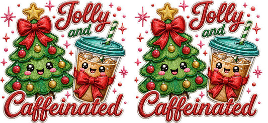Jolly and Caffeinated Christmas tree coffee UV DTF cup wrap for 16oz Libbey glass KA-16547