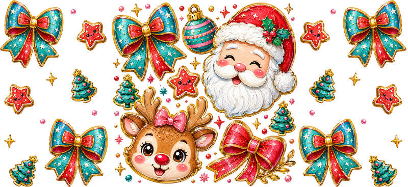 Cute Santa reindeer Christmas bows and ornaments UV DTF cup wrap for 16oz Libbey glass KA-16549
