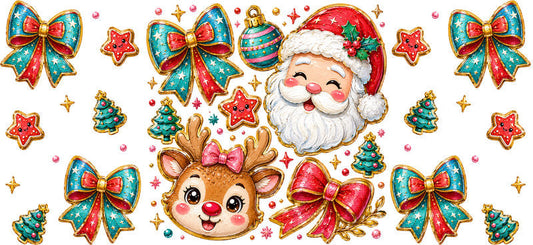 Cute Santa reindeer Christmas bows and ornaments UV DTF cup wrap for 16oz Libbey glass KA-16549