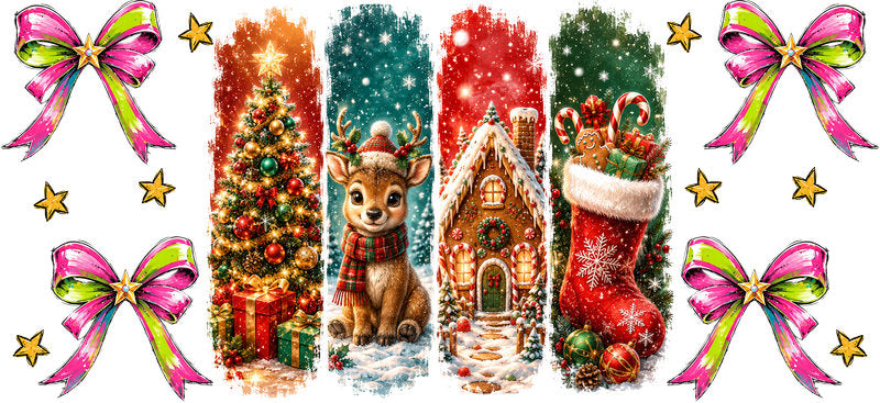 Colorful Christmas winter scene with reindeer and gingerbread house UV DTF cup wrap KA-16550