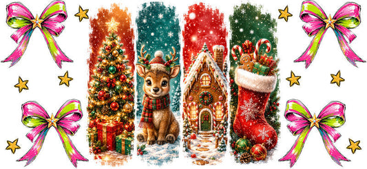 Colorful Christmas winter scene with reindeer and gingerbread house UV DTF cup wrap KA-16550