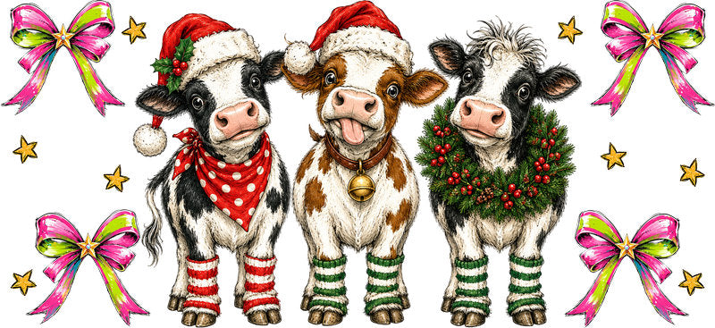 Cute Christmas cows with Santa hats and bows UV DTF cup wrap for 16oz Libbey glass KA-16551