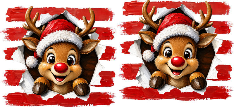 Cute reindeer with Santa hats Christmas UV DTF cup wrap for 16oz Libbey glass KA-16554