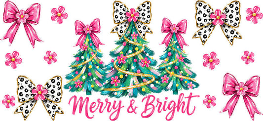 Merry and Bright Christmas trees leopard bows UV DTF cup wrap for 16oz Libbey glass KA-16557