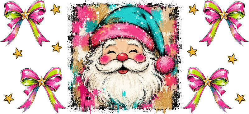 Watercolor Santa Christmas rainbow bows UV DTF cup wrap for 16oz Libbey glass KA-16558