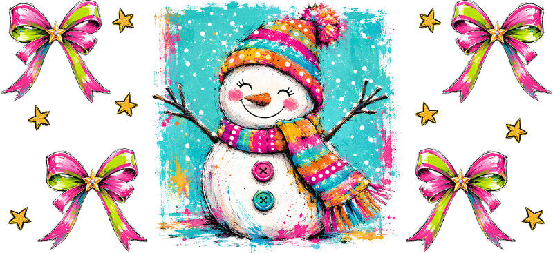 Watercolor snowman Christmas rainbow bows UV DTF cup wrap for 16oz Libbey glass KA-16559