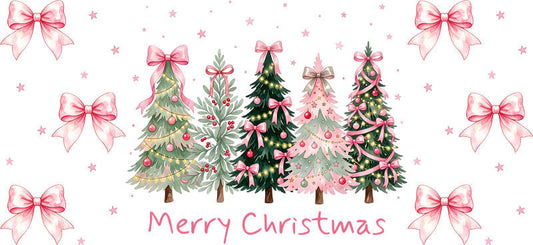 Pink bows and Christmas trees UV DTF cup wrap for 16oz Libbey glass KA-16566