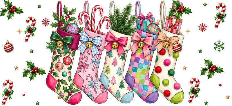 Colorful Christmas stockings and candy canes UV DTF cup wrap for 16oz Libbey glass KA-16569