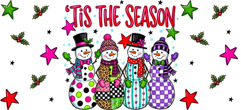 Tis the Season colorful snowmen Christmas UV DTF cup wrap for 16oz Libbey glass KA-16573