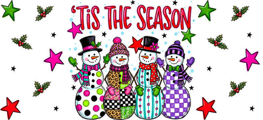 Tis the Season colorful snowmen Christmas UV DTF cup wrap for 16oz Libbey glass KA-16573