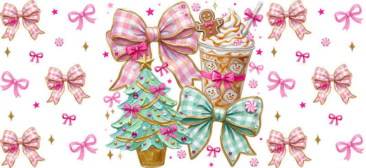 Pastel Christmas treats trees and bows UV DTF cup wrap for 16oz Libbey glass KA-16576
