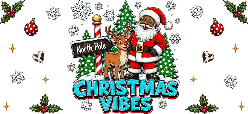 Christmas Vibes Santa and reindeer UV DTF cup wrap for 16oz Libbey glass KA-16581