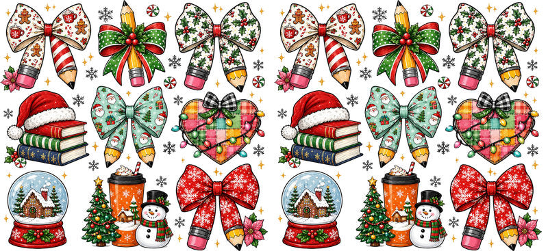 Colorful Christmas bows Santa hats and gifts UV DTF cup wrap for 16oz Libbey glass KA-16582