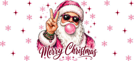 Merry Christmas pink Santa bubble gum UV DTF cup wrap for 16oz Libbey glass KA-16583