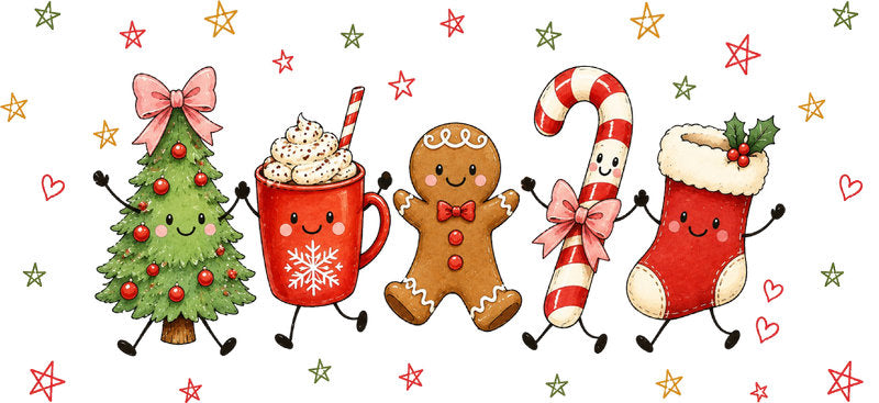 Cute Christmas tree cocoa gingerbread and candy cane UV DTF cup wrap for 16oz Libbey glass KA-16585