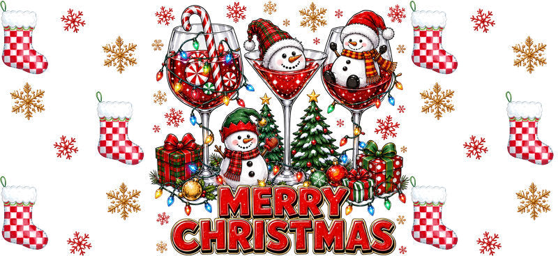Merry Christmas snowmen and gifts UV DTF cup wrap for 16oz Libbey glass KA-16586