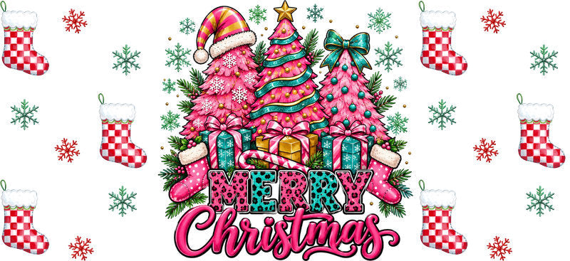 Pink Merry Christmas tree and gifts UV DTF cup wrap for 16oz Libbey glass KA-16587