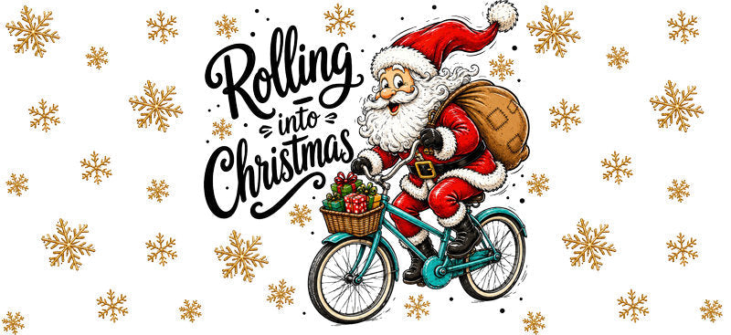 Rolling into Christmas Santa bicycle UV DTF cup wrap for 16oz Libbey glass KA-16589