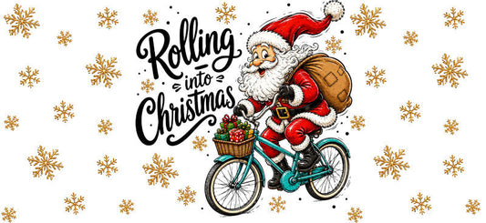 Rolling into Christmas Santa bicycle UV DTF cup wrap for 16oz Libbey glass KA-16589