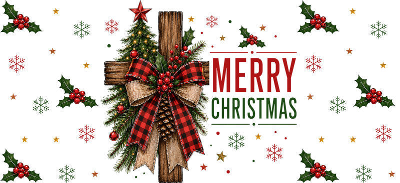 Rustic Merry Christmas plaid bow UV DTF cup wrap for 16oz Libbey glass KA-16592