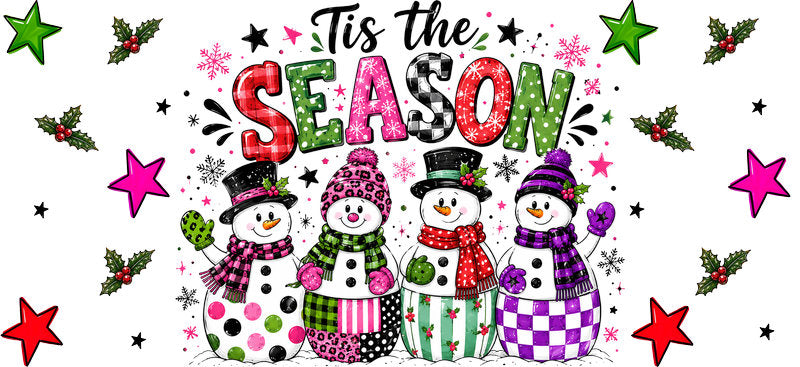 Tis the Season colorful snowmen Christmas UV DTF cup wrap for 16oz Libbey glass KA-16594