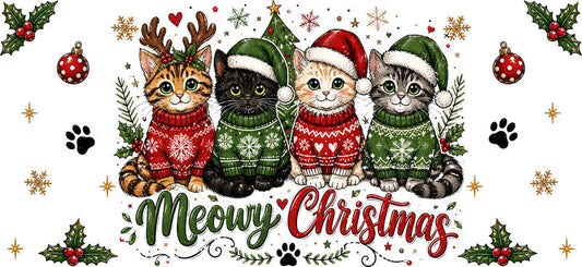 Meowy Christmas cats in festive sweaters UV DTF cup wrap for 16oz Libbey glass KA-16595