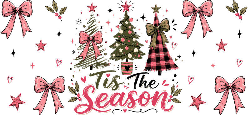 Tis the Season pink bows and Christmas trees UV DTF cup wrap for 16oz Libbey glass KA-16596