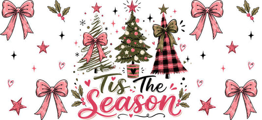 Tis the Season pink bows and Christmas trees UV DTF cup wrap for 16oz Libbey glass KA-16596