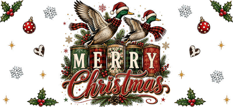Merry Christmas ducks festive UV DTF cup wrap for 16oz Libbey glass KA-16597