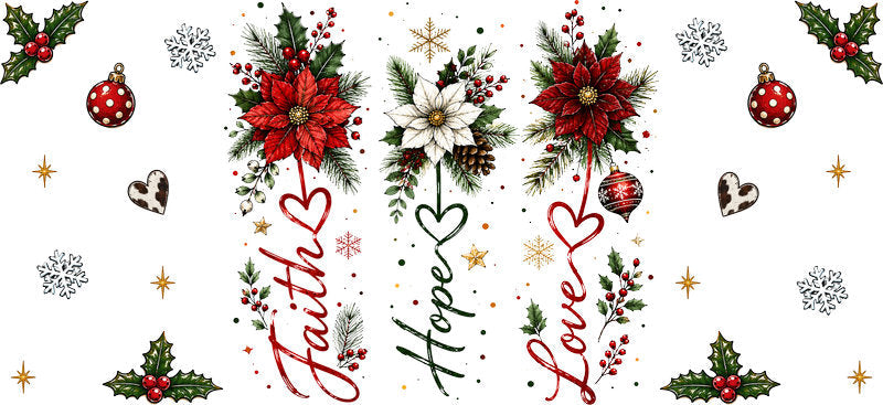 Faith Hope Love floral Christian Christmas UV DTF cup wrap for 16oz Libbey glass KA-16598