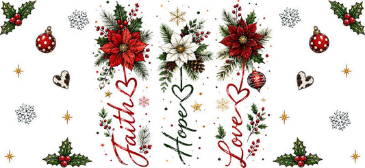 Faith Hope Love floral Christian Christmas UV DTF cup wrap for 16oz Libbey glass KA-16598