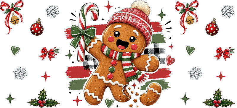 Cute gingerbread Christmas candy cane UV DTF cup wrap for 16oz Libbey glass KA-16599