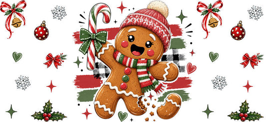 Cute gingerbread Christmas candy cane UV DTF cup wrap for 16oz Libbey glass KA-16599
