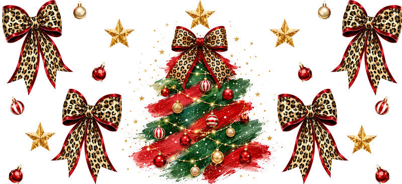 Leopard Bow Christmas Tree UV DTF Cup Wrap for 16oz Libbey Glass KA-16625