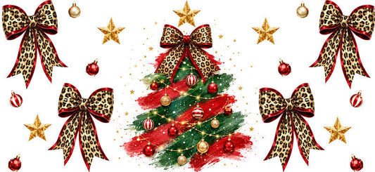 Leopard Bow Christmas Tree UV DTF Cup Wrap for 16oz Libbey Glass KA-16625