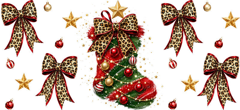 Leopard Bow Christmas Stocking UV DTF Cup Wrap for 16oz Libbey Glass KA-16626