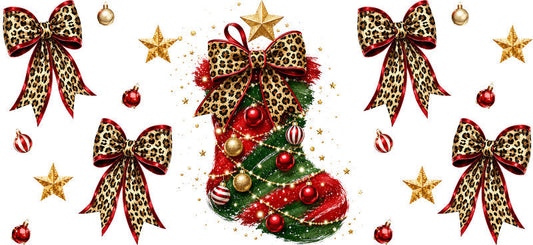 Leopard Bow Christmas Stocking UV DTF Cup Wrap for 16oz Libbey Glass KA-16626