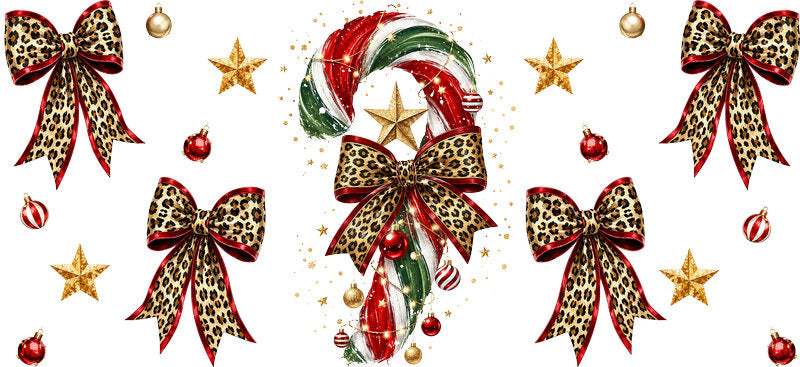 Leopard Bow Christmas Candy Cane UV DTF Cup Wrap for 16oz Libbey Glass KA-16627