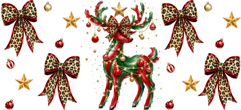 Leopard Bow Christmas Reindeer UV DTF Cup Wrap for 16oz Libbey Glass KA-16628