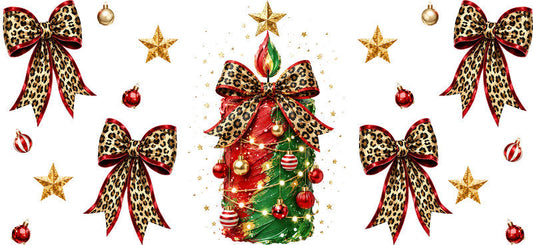 Leopard Bow Christmas Tree UV DTF Cup Wrap for 16oz Libbey Glass KA-16629
