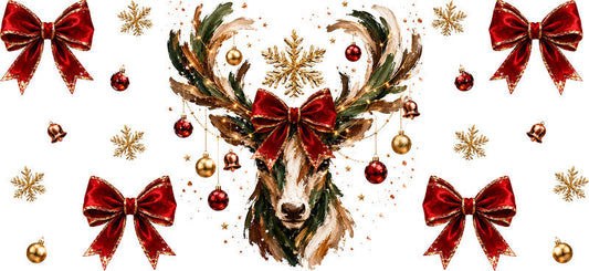 Reindeer Red Bows Christmas UV DTF Cup Wrap for 16oz Libbey Glass KA-16631