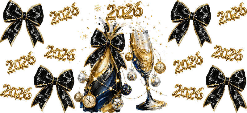 New Year Champagne Black Bows UV DTF Cup Wrap for 16oz Libbey Glass KA-16636