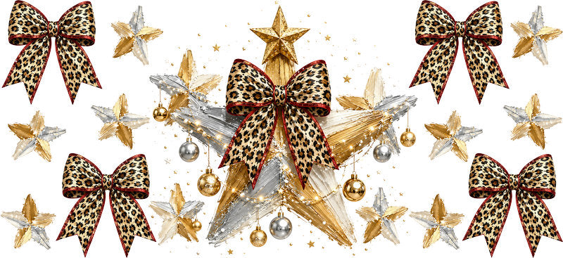 Leopard Bow Christmas Bells UV DTF Cup Wrap for 16oz Libbey Glass KA-16638