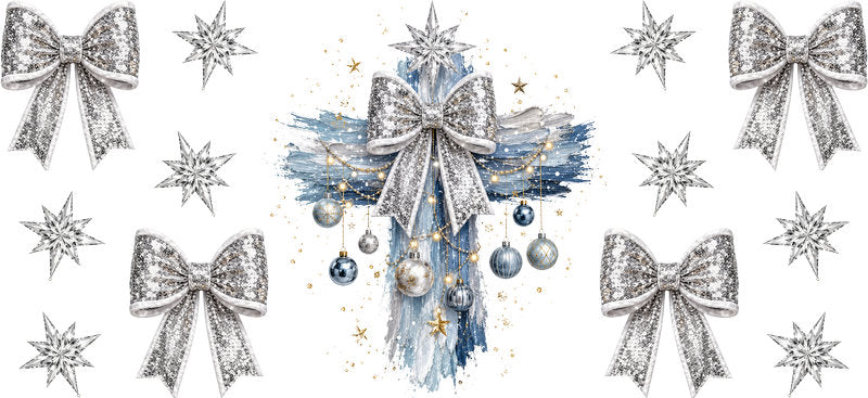 Silver Bow Christmas Tree UV DTF Cup Wrap for 16oz Libbey Glass KA-16639