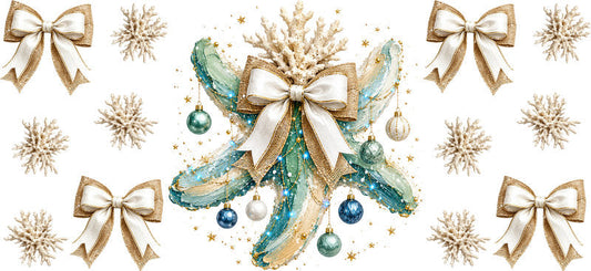 White Bow Christmas Bells UV DTF Cup Wrap for 16oz Libbey Glass KA-16640