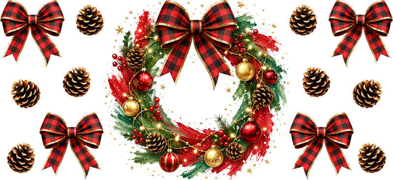 Plaid Bow Christmas Wreath UV DTF Cup Wrap for 16oz Libbey Glass KA-16641
