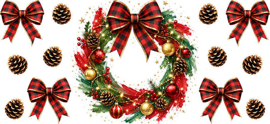 Plaid Bow Christmas Wreath UV DTF Cup Wrap for 16oz Libbey Glass KA-16641