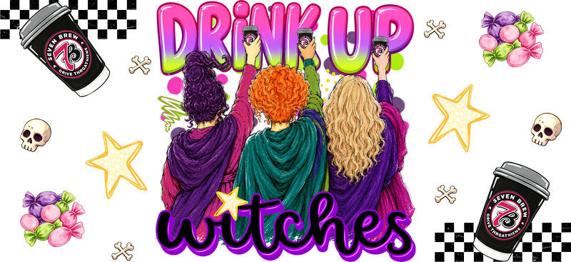 Drink Up Witches Coffee UV DTF Cup Wrap for 16oz Libbey Glass KA-16646