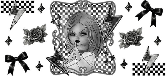 Horror doll girl Halloween UV DTF cup wrap for 16oz Libbey glass