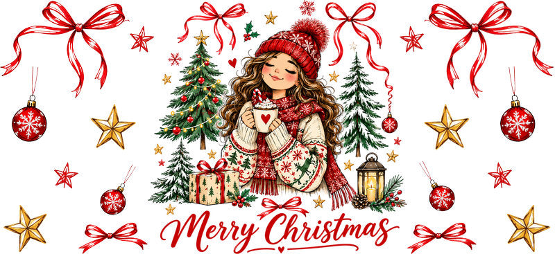 Merry Christmas girl bows UV DTF cup wrap for 16oz Libbey glass
